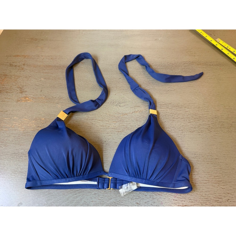 Victorias Secret Navy Blue Halter Bikini Top Pleated Gold Hardware Size Medium